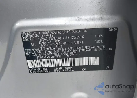 2017 Toyota Rav4 Le z USA, uszkodzony, nr VIN 2T3ZFREV8HW317952